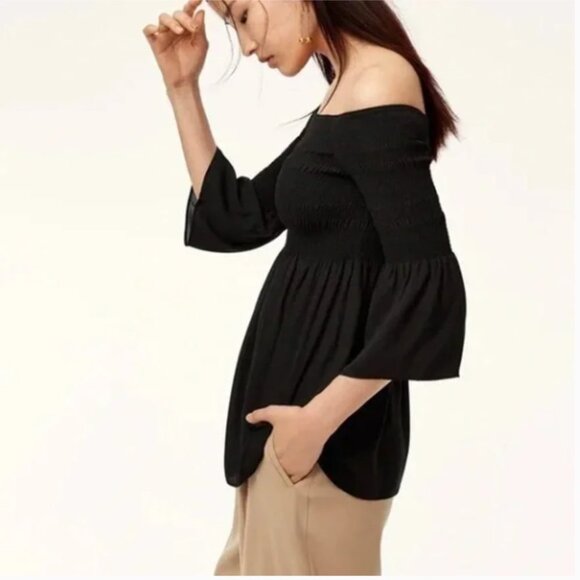 Aritzia Babaton Black Grantland Smocked Bell Sleeve Off The Shoulder Blouse S - Picture 16 of 16